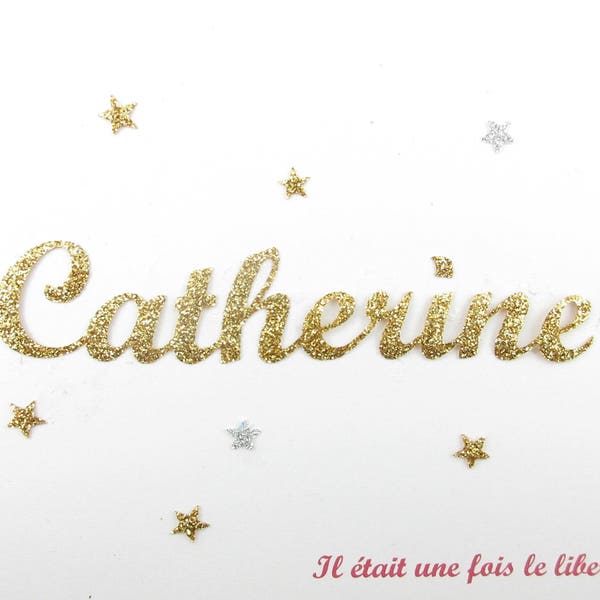 Appliqué thermocollant prénom personnalisable de 9 lettres (Catherine, exemple proposé) en tissu pailleté (coloris au choix)