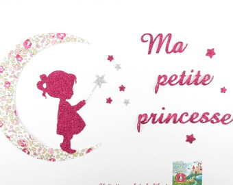 Appliqués thermocollants petite fille "Ma petite princesse" en liberty Eloïse rose et flex pailletés iron on princess écusson patch liberty