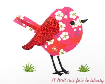 Appliqué thermocollant oiseau en tissu liberty Mitsi hot pink et tissu hologramme rouge patch à repasser appliques liberty thermocollants