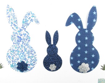 Appliqués liberty lapins en thermocollants liberty Katie and Millie bleu flex pailletés thermocollant iron on appliques bunnies family