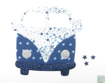 Appliqués thermocollants Van voiture camion tissu liberty Adelajda bleu tissu bleu marine étoilé pailleté patch à repasser applique liberty