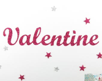 Appliqué thermocollant prénom personnalisable de 9 lettres (Valentine, exemple proposé) en tissu pailleté (coloris au choix)