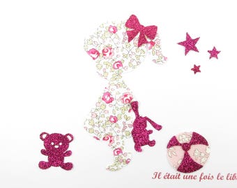 Appliqués thermocollants liberty Petite fille lapin ourson ballon en tissus Eloïse rose +flex pailleté patch à repasser motif fille liberty