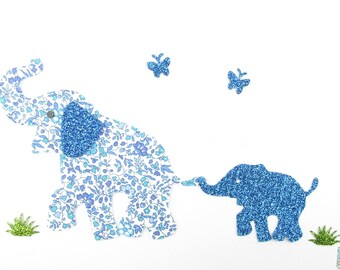 Patch à repasser Appliqués thermocollants famille éléphants maman bébé tissu liberty Katie and Millie bleu flex pailleté écusson