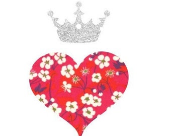 Appliqué thermocollant coeur couronne reine tissu liberty Mitsi rouge flex pailleté patch à repasser sans couture