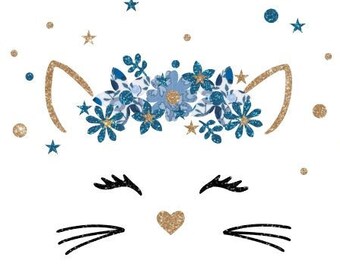 Appliqué thermocollant tête Chat tissu liberty wiltshire bleu flex pailleté appliqué liberty, patch liberty Patch à repasser sans couture