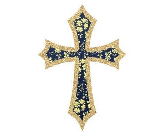 Appliqués thermocollants croix communion baptême tissu liberty Adelajda Capel au choix flex pailleté patch à repasser motif sans couture