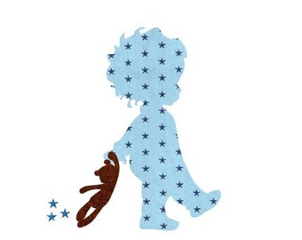 Appliqué thermocollant Petit garçon et nounours en tissu bleu au choix flex pailleté appliqué ourson motif garçon patch à repasser