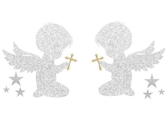 Appliqués thermocollants 2 petits anges garçons jumeaux face à face prière baptême communion flex pailleté couleurs au choix prêt à repasser