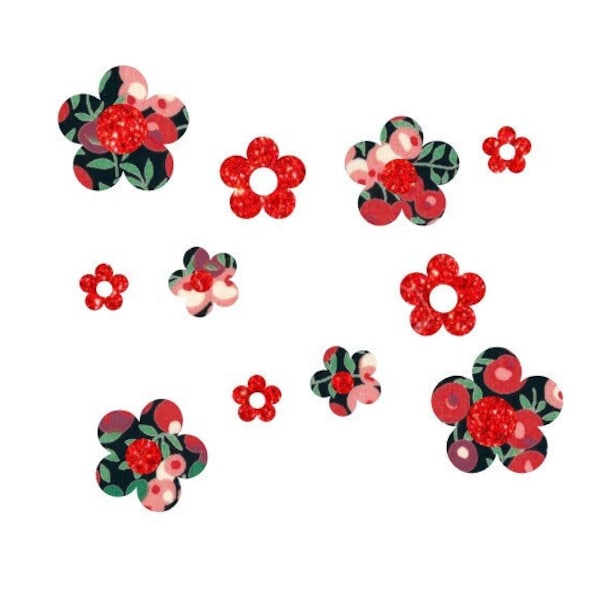 Appliqués thermocollants fleurs (11) tissu liberty Wiltshire rouge Betsy Ann flex pailleté patch à repasser appliques liberty