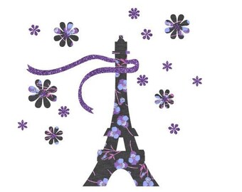 Appliqué thermocollant tour Eiffel tissu liberty Ros purple flex pailleté violet patch à repasser écusson appliques liberty sans couture