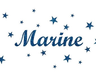 Appliqué thermocollant prénom pailleté personnalisable de 6 lettres (Marine, exemple proposé) en tissus pailletés (coloris au choix)