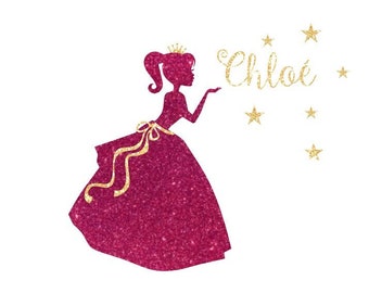 Appliqué thermocollant Princesse et prénom personnalisable flex pailletés (coloris au choix) patch sans couture à repasser