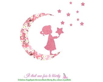 Patch à repasser motif thermocollant liberty Éloïse rose- flex pailleté petite fille + lune + étoile applique liberty appliqué thermocollant