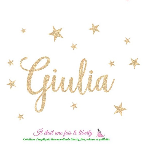 Appliqué thermocollant prénom pailleté personnalisable de 6 lettres (Giulia, exemple proposé) en tissus pailletés (coloris au choix)