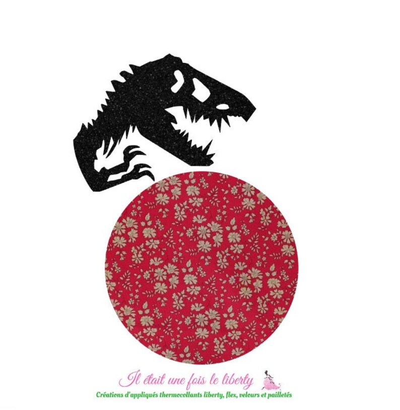 Appliqué thermocollant dinosaure vélociraptor tissu liberty Adelajda gris bleu Capel rouge flex pailleté noir patch à repasser sans couture image 6