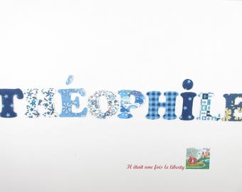 Appliqué thermocollant Prénom personnalisable de 9 lettres (THEOPHILE ex. proposé) en tissus bleus