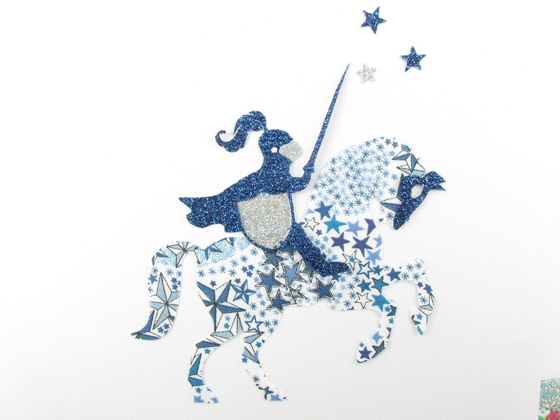 Applied fusing Knight /& horse liberty Adelajda blue and liberty heat-sealed glitter iron on patch applique