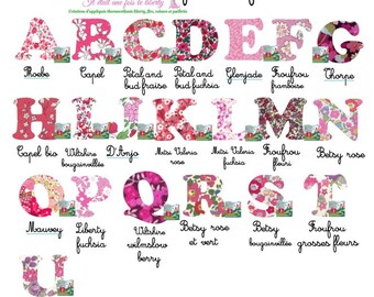 Appliqué thermocollant lettre alphabet VENDUE A L'UNITE 2-3-4-5-6-7-8-9-10 cm Patch Lettre amovible Abécédaire tissus liberty roses fuchsia