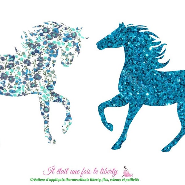 Appliqués thermocollants 2 chevaux en imprimé fleurs bleues et flex pailletés motifs cheval patch à repasser appliques liberty sans couture