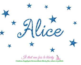 Appliqué thermocollant prénom pailleté personnalisable de 5 lettres (Alice, exemple proposé) en tissus pailletés (coloris au choix)