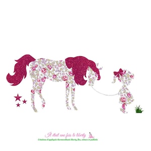 Iron-on appliques Little girl and horse in Eloïse liberty fabric and glittery flex liberty iron-on appliques patterns to iron