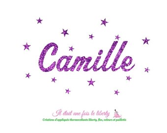 Appliqué thermocollant prénom pailleté personnalisable de 7 lettres (Camille, exemple proposé) en tissus pailletés (coloris au choix)