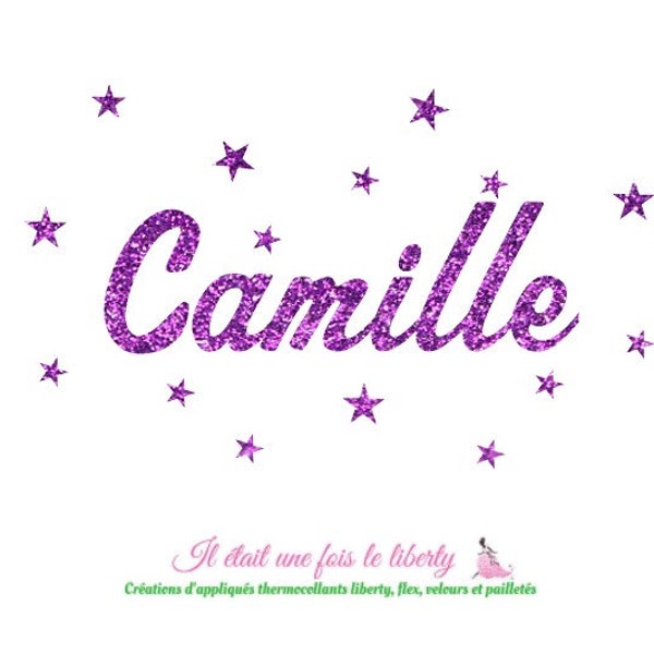 Appliqué thermocollant prénom pailleté personnalisable de 7 lettres (Camille, exemple proposé) en tissus pailletés (coloris au choix)