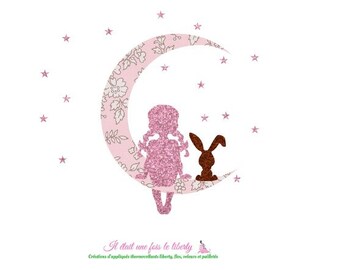 Appliqués thermocollants Petite fille lune lapin doudou Pâques tissus liberty au choix personnalisable flex pailleté décoration textile bébé