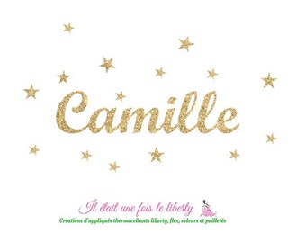 Appliqué thermocollant prénom pailleté personnalisable de 7 lettres (Camille, exemple proposé) en tissus pailletés (coloris au choix)