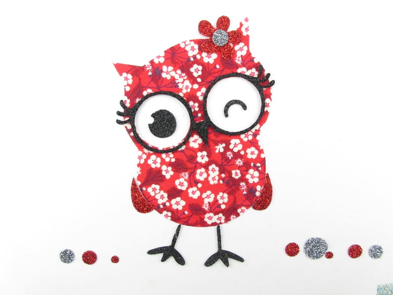 Appliqué thermocollant Chouette tissu liberty Mitsi valeria rouge & tissus pailletés hibou patch à repasser thermocollant liberty applique image 2