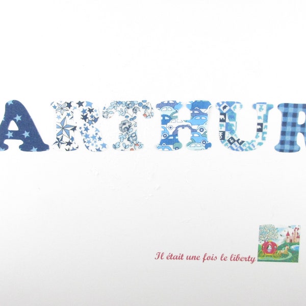 Appliqués thermocollants Prénom personnalisable (ARTHUR) de 6 lettres en différents tissus liberty bleus lettres thermocollantes