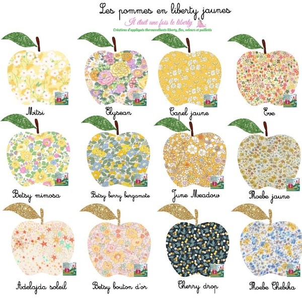 Appliqué thermocollant liberty pomme tissu liberty jaunes au choix tissu pailleté patch à repasser écusson sans couture