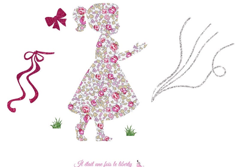 Appliqué thermocollant Baptême Petite fille et arbre à empreintes en liberty Eloïse rose et flex pailleté patch à repasser baptême écusson image 3