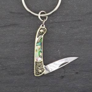 Geätztes Messingmesser Schlüsselbund | Abalone Taschenmesser Schlüsselanhänger | Mini Messer Schlüsselanhänger | Kleine Taschenmesser Schlüsselanhänger | Ausgefallene Messing Abalone Messer Geschenk