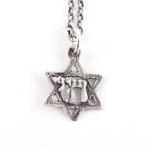 Silver Judaic Necklace | Sterling Chai Necklace | Silver Hebrew Star Charm | Silver Star David Necklace | Sterling Chai in Jewish Star Charm