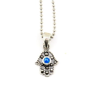 Sterling Hamsa Opal Necklace | Silver Hamsa Eye Pendant | Rustic Small Hand Necklace | Opal Silver Hamsa Pendant | Silver Evil Eye Necklace