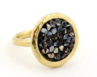 Gold Sparkly Ring | Black Crystal Gold Ring | Gold and Gray Crystal Ring | Multi Sparkles Gold Ring | Sparkly Cocktail Ring
