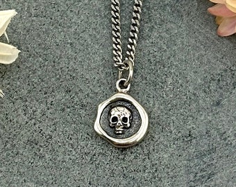 Sterling Skull Necklace | Silver Skull Pendant | Sterling Skull Medallion | Skull Imprint Pendant | Wax Seal Skull | Skull Coin Necklace