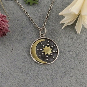 Zilver-gouden nachtelijke hemel-ketting | Maanster hanger ketting | Sterling maan ster ketting | Tweekleurige hemelketting | Maanster van gemengd metaal
