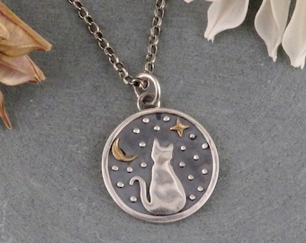 Mixed Metal Cat Necklace | Two Tone Celestial Cat Pendant | Silver Gold Cat Necklace | Sterling Cat Medallion | Celestial Cat Necklace