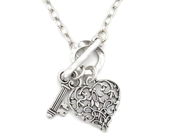 Collar de corazón de plata antiguo / Collar de corazón romántico / Collar de llave de mi corazón / Collar de corazón y llave / Collar de corazón de plata barroco