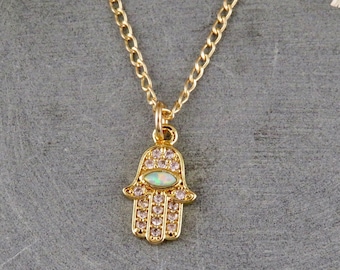 Hamsa-ketting goud opaal | Opaal CZ Hamsa-ketting | Delicate hamsahandketting | Gouden sprankelende hamsahanger | Minimale Hand of God-ketting