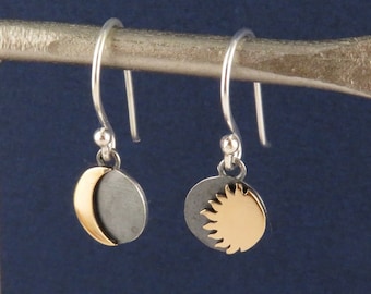 Mismatched Earrings | Mixed Metal Celestial Earrings | Two Tone Moon Sun Earrings | Silver Gold Sky Earrings | Sterling Moon Sun Earrings