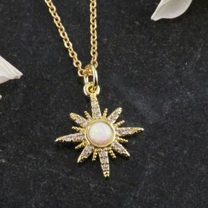 Starburst Opal Necklace | Gold Opal Pendant | Gold Geo Opal Necklace | Opal CZ Charm Necklace | White Opal Star Necklace | Opal Star Charm