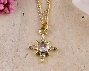 Collar de estrella dorada / Collar de estrella con circonita cúbica brillante / Colgante de estrella del norte / Estrella de cristal dorada