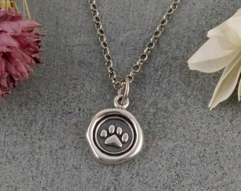 Collier en argent sterling avec empreinte de patte | Collier de sceau de cire de patte | Pendentif animaux amoureux | Collier patte d'animal | Collier Droits des Animaux | Patte estampée