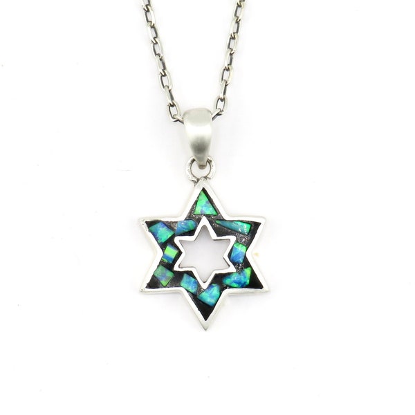 Jewish Star Necklace | Star of David Necklace | Sterling Opal Star Pendant | Judaic Necklace | Mosaic Opal Jewish Star Necklace