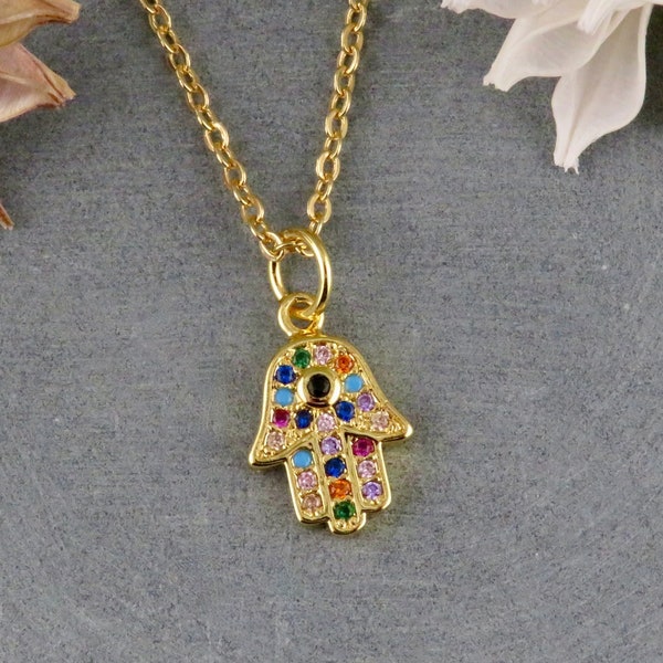 Gold Hamsa Necklace | Multicolored Hamsa Pendant | Colorful Hamsa Hand Necklace | Gold Sparkly Hamsa Charm Necklace | Rainbow Hamsa Pendant