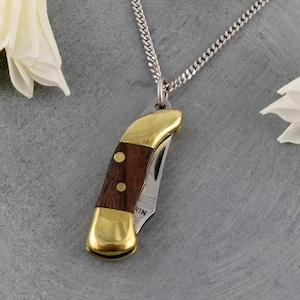 Mini Knife Necklace | Mini Pocketknife Pendant | Wood Gold Knife Necklace | Gold Wood Small Knife Necklace | Walnut Wood Knife Necklace